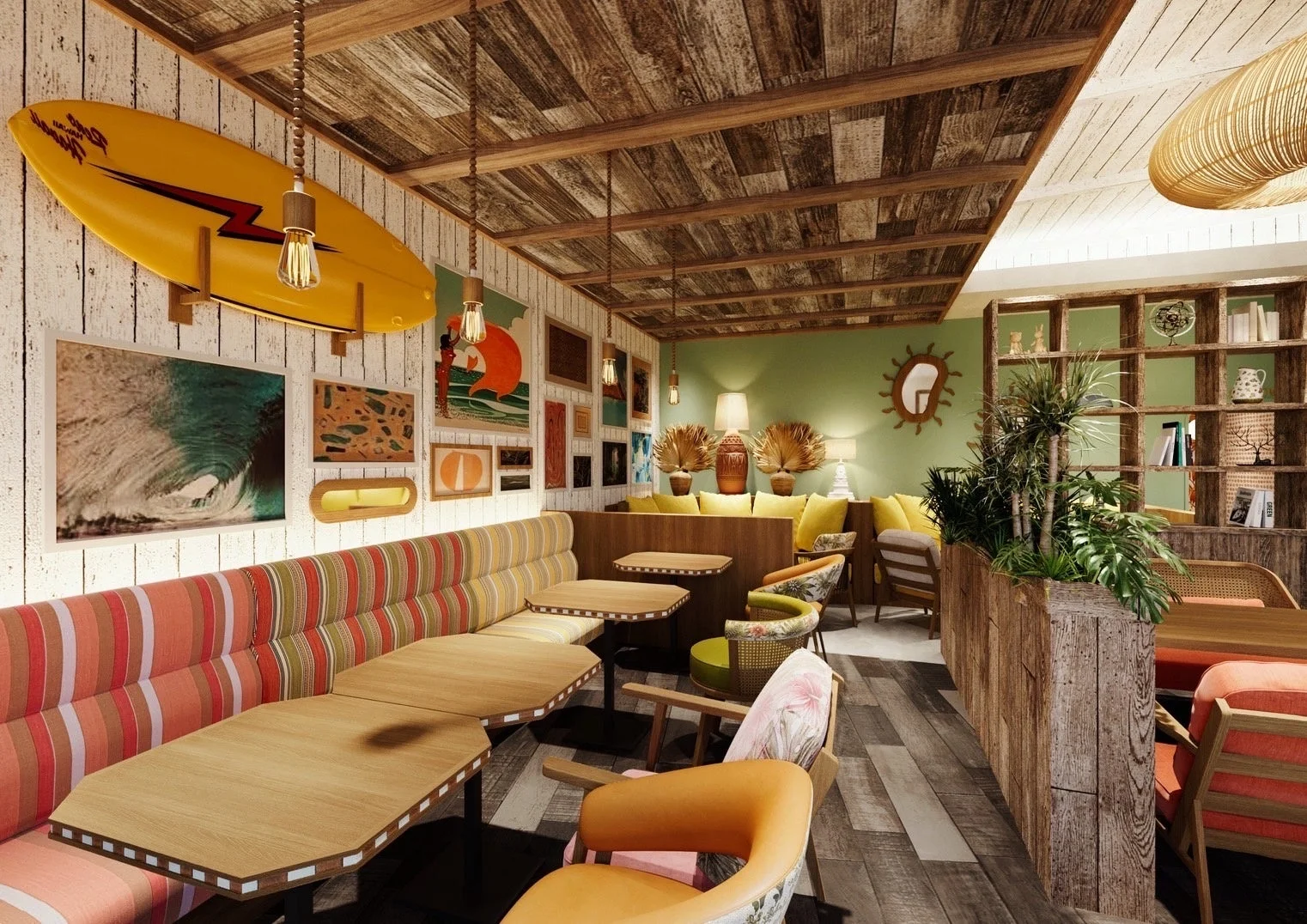 ハワイアンテイストのカフェの店内